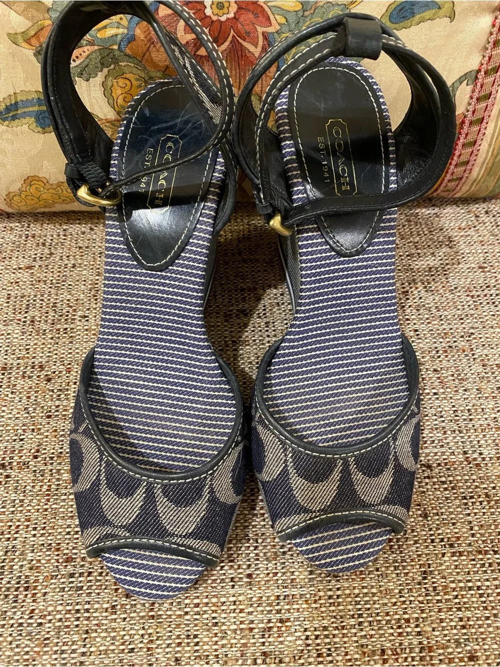 Coach Navy Denim Signature Wedge Sandals with Ankle Strap